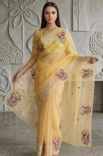 Yellow Color Thread Embroidery Work Crystel Organza Saree