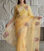 Yellow Color Thread Embroidery Work Crystel Organza Saree