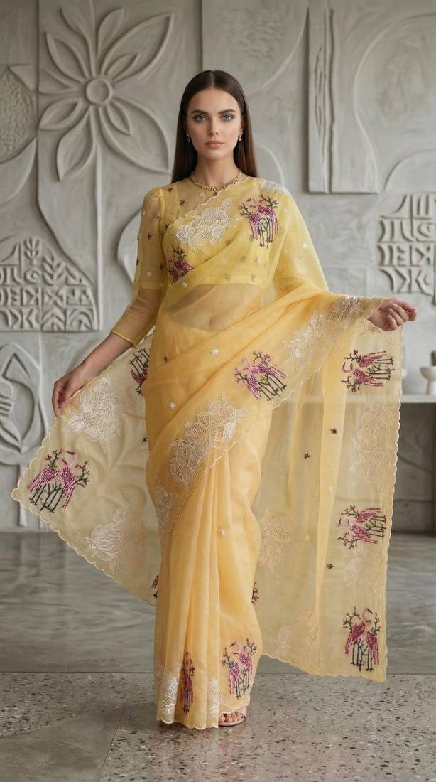 Yellow Color Thread Embroidery Work Crystel Organza Saree