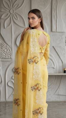 Yellow Color Thread Embroidery Work Crystel Organza Saree 2