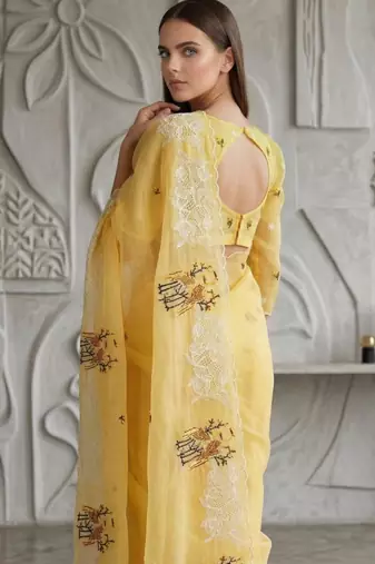 Yellow Color Thread Embroidery Work Crystel Organza Saree