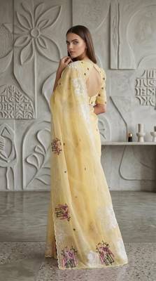 Yellow Color Thread Embroidery Work Crystel Organza Saree 3