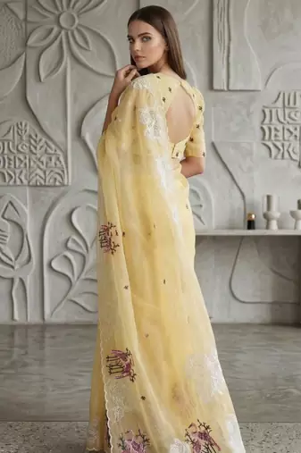Yellow Color Thread Embroidery Work Crystel Organza Saree