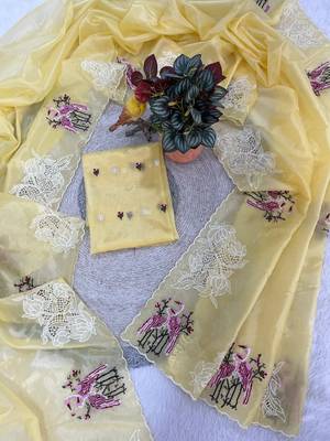 Yellow Color Thread Embroidery Work Crystel Organza Saree 4