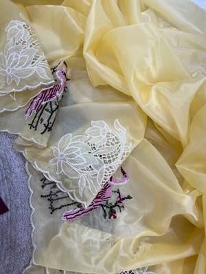 Yellow Color Thread Embroidery Work Crystel Organza Saree 5
