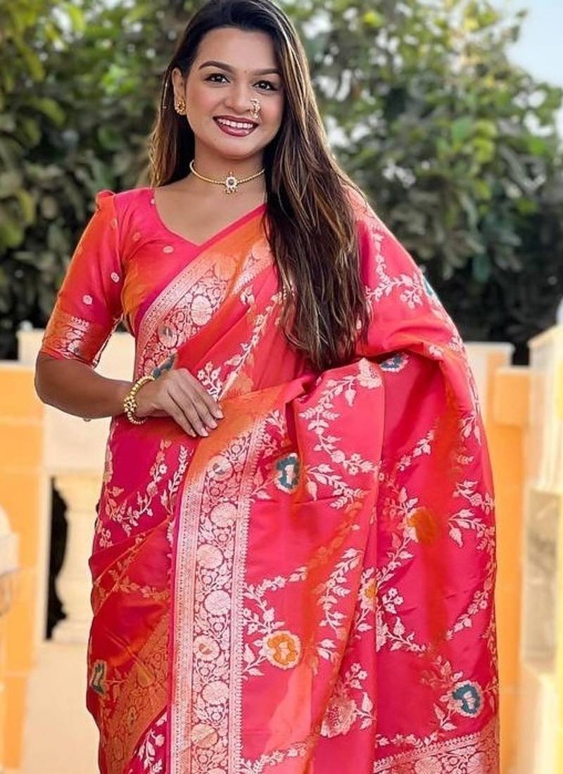 Pink Color  Zari & Meenakari Weawing Border Work  Banarasi Silk Saree 