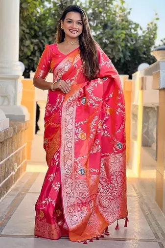 Pink Color  Zari & Meenakari Weawing Border Work  Banarasi Silk Saree 