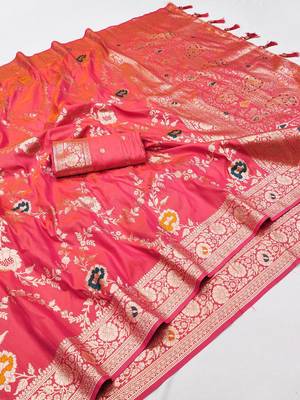 Pink Color  Zari & Meenakari Weawing Border Work  Banarasi Silk Saree  3