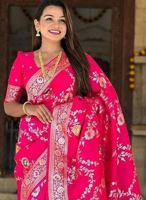 Hot Pink Color  Zari & Meenakari Weawing Border Work  Banarasi Silk Saree  2