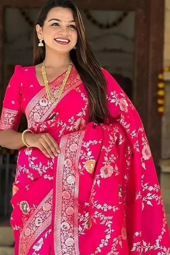 Hot Pink Color  Zari & Meenakari Weawing Border Work  Banarasi Silk Saree 