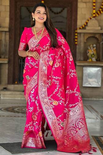 Hot Pink Color  Zari & Meenakari Weawing Border Work  Banarasi Silk Saree 