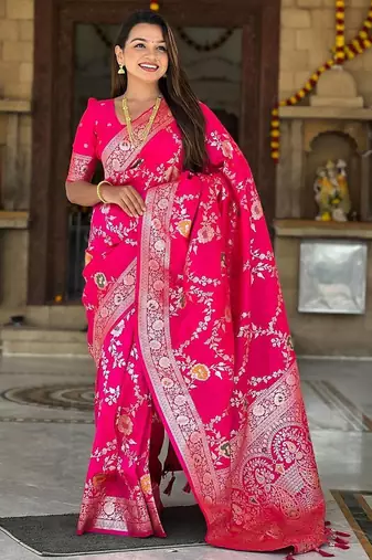 Hot Pink Color  Zari & Meenakari Weawing Border Work  Banarasi Silk Saree 