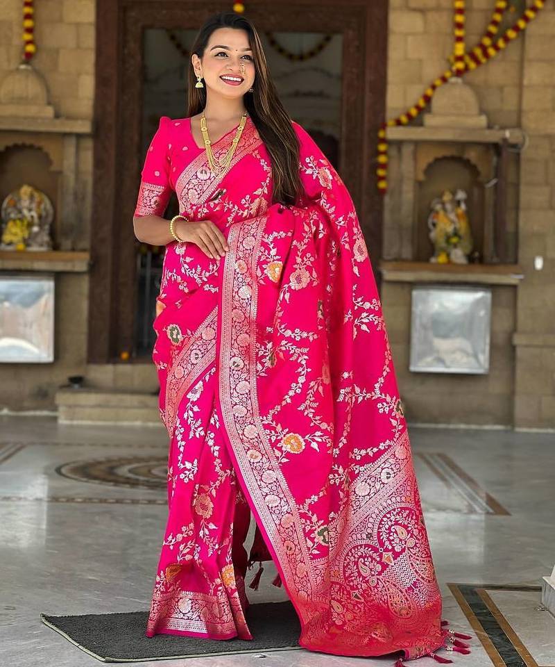 Hot Pink Color  Zari & Meenakari Weawing Border Work  Banarasi Silk Saree 