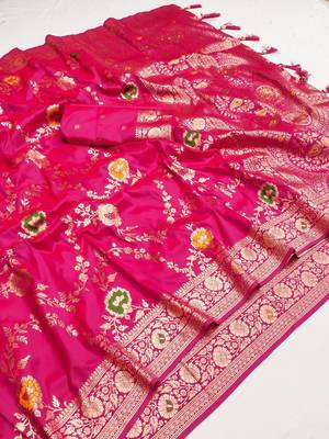 Hot Pink Color  Zari & Meenakari Weawing Border Work  Banarasi Silk Saree  3