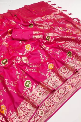 Hot Pink Color  Zari & Meenakari Weawing Border Work  Banarasi Silk Saree 
