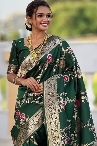 Green Color  Zari & Meenakari Weawing Border Work  Banarasi Silk Saree 