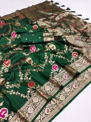 Green Color  Zari & Meenakari Weawing Border Work  Banarasi Silk Saree  3