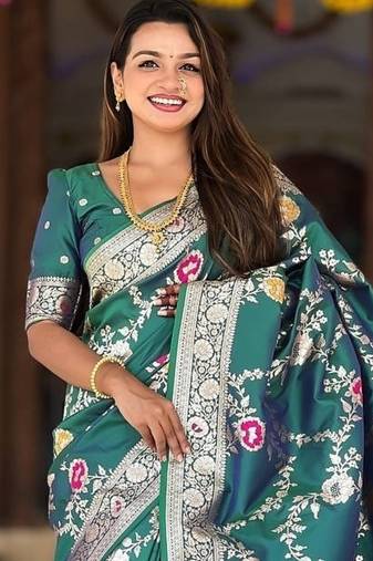Emerald Color  Zari & Meenakari Weawing Border Work  Banarasi Silk Saree 