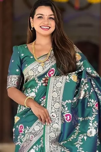 Emerald Color  Zari & Meenakari Weawing Border Work  Banarasi Silk Saree 