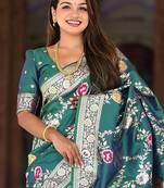 Emerald Color  Zari & Meenakari Weawing Border Work  Banarasi Silk Saree 