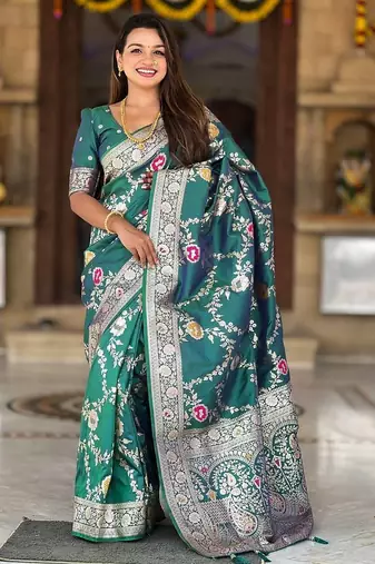Emerald Color  Zari & Meenakari Weawing Border Work  Banarasi Silk Saree 