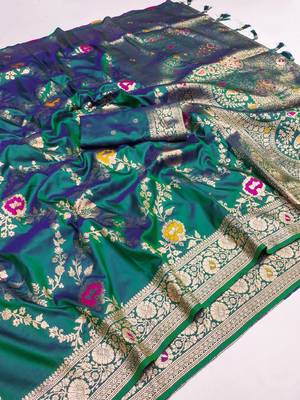 Emerald Color  Zari & Meenakari Weawing Border Work  Banarasi Silk Saree  3