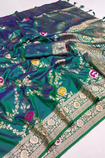 Emerald Color  Zari & Meenakari Weawing Border Work  Banarasi Silk Saree 