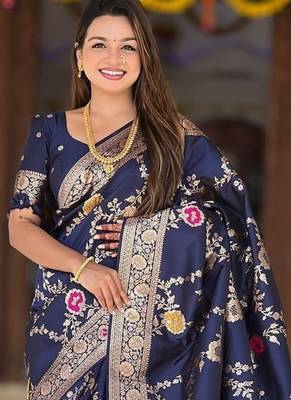 Navy Blue Color  Zari & Meenakari Weawing Border Work  Banarasi Silk Saree  2