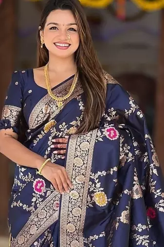 Navy Blue Color  Zari & Meenakari Weawing Border Work  Banarasi Silk Saree 