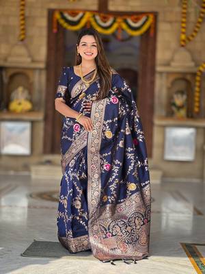 Navy Blue Color  Zari & Meenakari Weawing Border Work  Banarasi Silk Saree  1