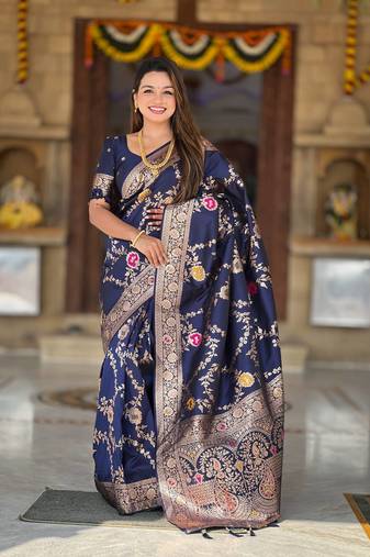 Navy Blue Color  Zari & Meenakari Weawing Border Work  Banarasi Silk Saree 