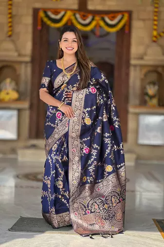 Navy Blue Color  Zari & Meenakari Weawing Border Work  Banarasi Silk Saree 