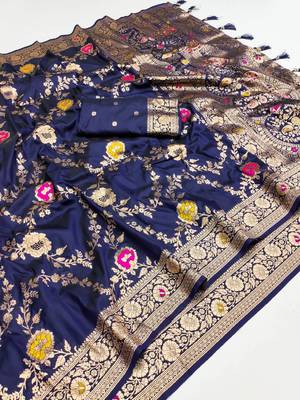 Navy Blue Color  Zari & Meenakari Weawing Border Work  Banarasi Silk Saree  3