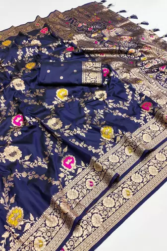 Navy Blue Color  Zari & Meenakari Weawing Border Work  Banarasi Silk Saree 
