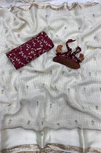 Off White Color Sequins and Zari work viscose Saree