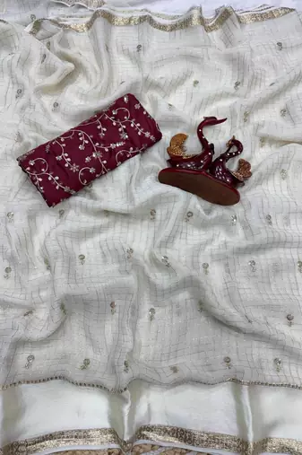 Off White Color Sequins and Zari work viscose Saree