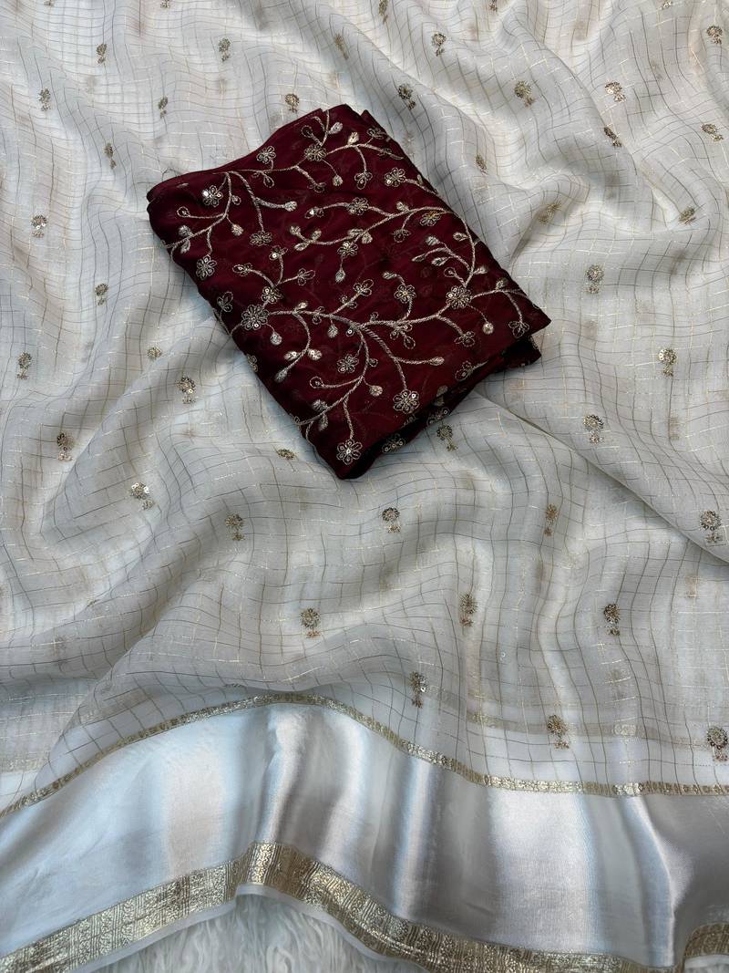 Off White Color Sequins and Zari work viscose Saree
