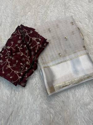 Off White Color Sequins and Zari work viscose Saree 5