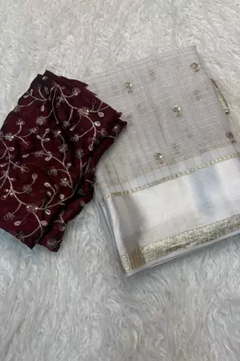 Off White Color Sequins and Zari work viscose Saree