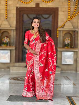 Red Color  Zari & Meenakari Weawing Border Work  Banarasi Silk Saree  1