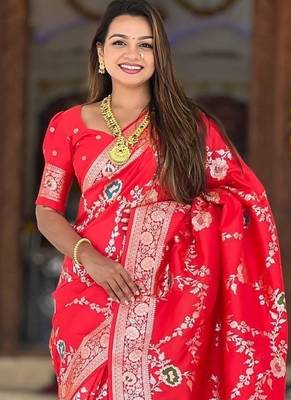 Red Color  Zari & Meenakari Weawing Border Work  Banarasi Silk Saree  2