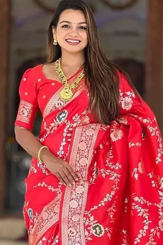 Red Color  Zari & Meenakari Weawing Border Work  Banarasi Silk Saree 