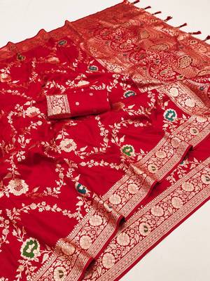 Red Color  Zari & Meenakari Weawing Border Work  Banarasi Silk Saree  3