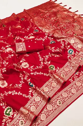 Red Color  Zari & Meenakari Weawing Border Work  Banarasi Silk Saree 