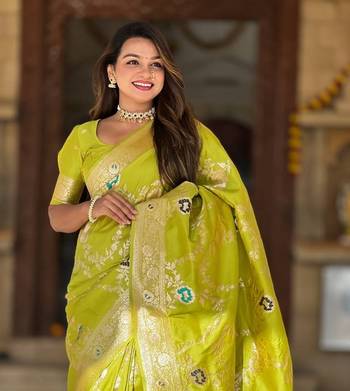 Olive Color  Zari & Meenakari Weawing Border Work  Banarasi Silk Saree  2