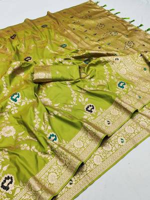 Olive Color  Zari & Meenakari Weawing Border Work  Banarasi Silk Saree  3