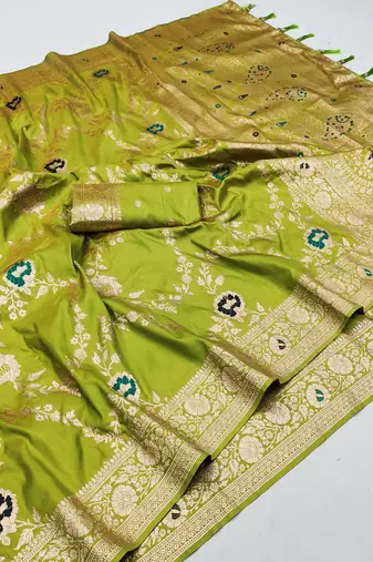 Olive Color  Zari & Meenakari Weawing Border Work  Banarasi Silk Saree 