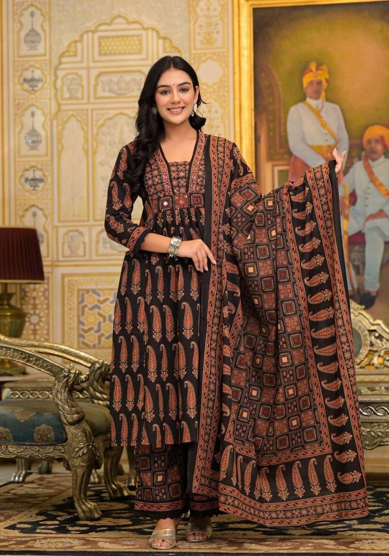 Black ajrakh print kurta pant with dupatta