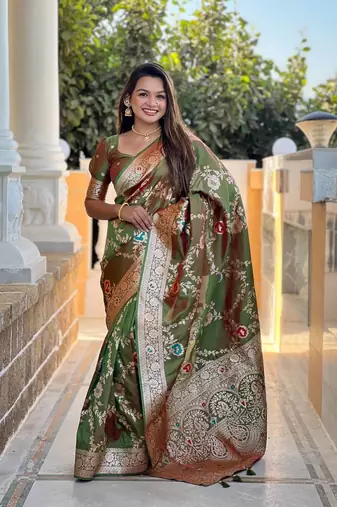 Mehendi Color  Zari & Meenakari Weawing Border Work  Banarasi Silk Saree 