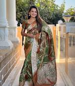 Mehendi Color  Zari & Meenakari Weawing Border Work  Banarasi Silk Saree 
